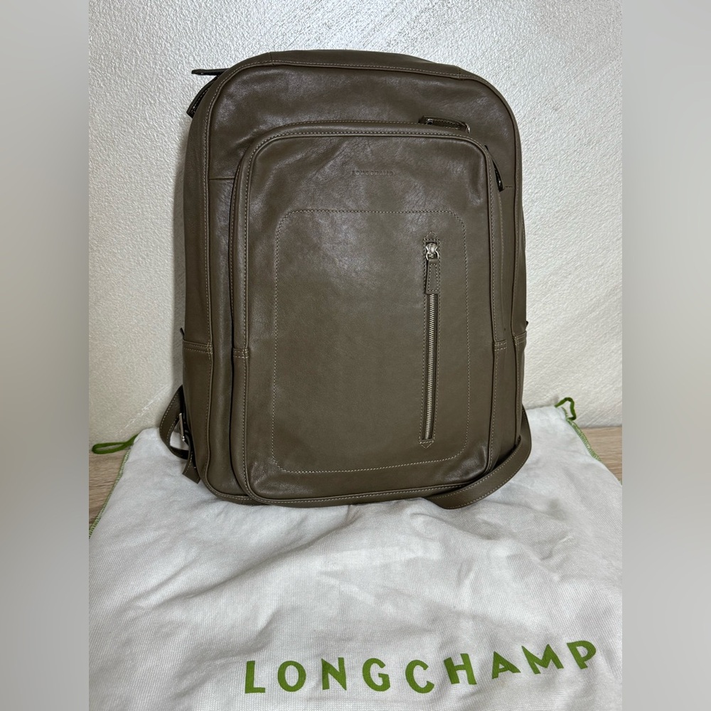 Longchamp Army Green Leather Backpack